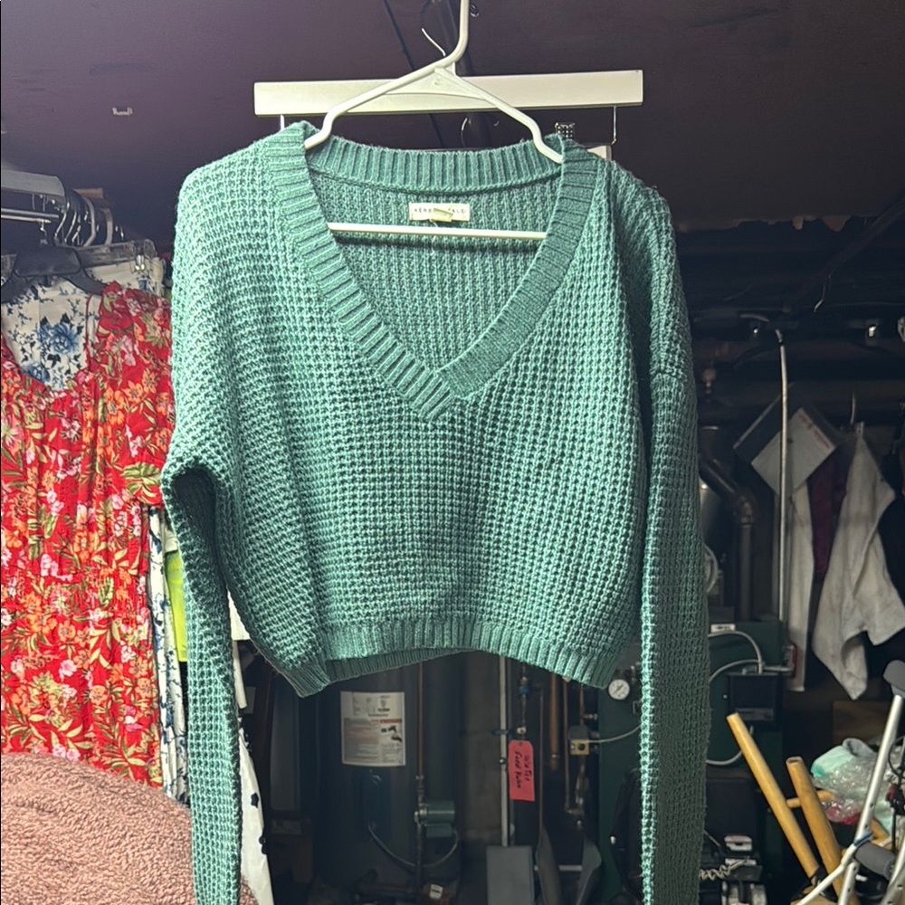 Forever 21 Green V-Neck Sweater with Chunky Knit